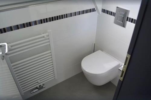 a bathroom with a white toilet and a white at Ferienhaus in Waldkatzenbach modern & renoviert in Waldbrunn