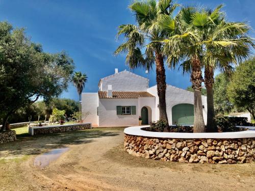 a house with palm trees and a stone wall at Binimont in Sant Lluis
