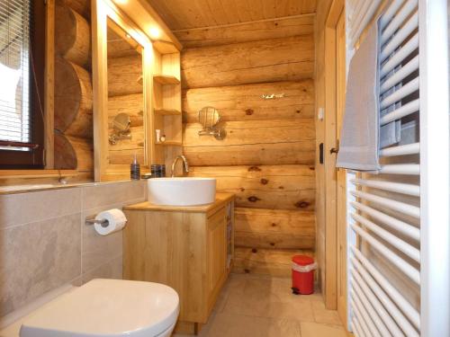 a bathroom with a toilet and a sink at Naturstammhaus Tollensesee in Krickow