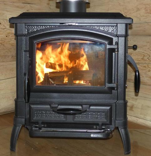 a black stove with a fire in it at Naturstammhaus Tollensesee in Krickow
