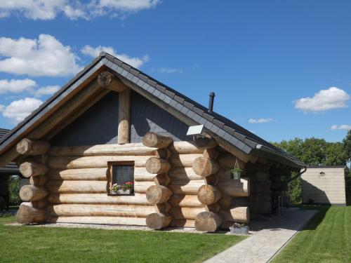 a log cabin with a thatched roof at Naturstammhaus Tollensesee in Krickow