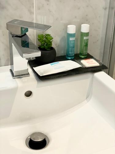 a bathroom counter with a sink with two bottles of soap at Hotel Ducale in Rimini
