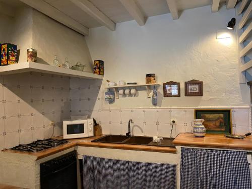 a kitchen with a sink and a microwave at Casa Rural El Fortin in Gata