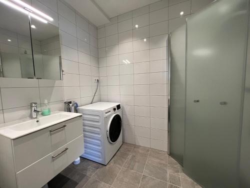 a bathroom with a washing machine and a washer at Salmons väg Funäsdalen in Funäsdalen