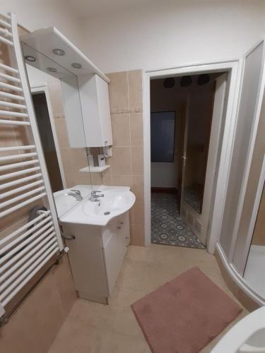 een badkamer met een wastafel en een spiegel bij Soukromý pokoj v srdci Prahy in Praag