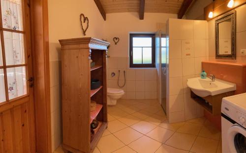 a bathroom with a sink and a toilet and a mirror at Villa Beata in Radvánovice