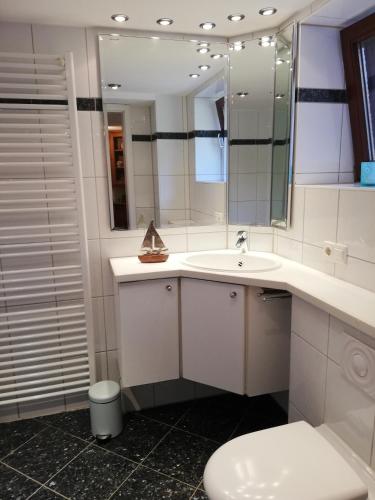 a bathroom with a sink and a toilet and a mirror at Hyggelig in Kosel