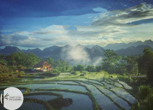 a painting of a rice field with mountains in the background at Pu Luong Jungle Lodge in Pu Luong