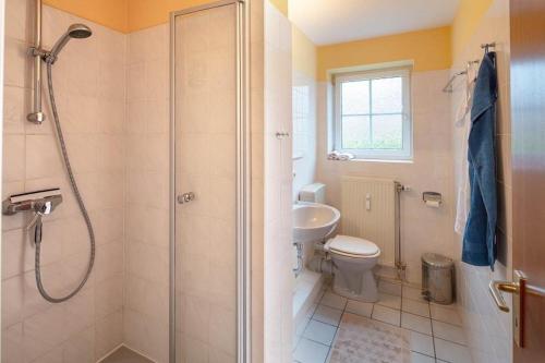 La salle de bains est pourvue d'une douche, de toilettes et d'un lavabo. dans l'établissement Hoern-17-4-Scharbeutz, à Scharbeutz