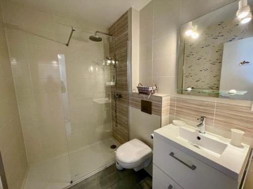 une salle de bain avec toilettes, lavabo et douche dans l'établissement Quiberon - Studio rénové avec balcon et parking - Animaux acceptés - FR-1-478-1, à Quiberon