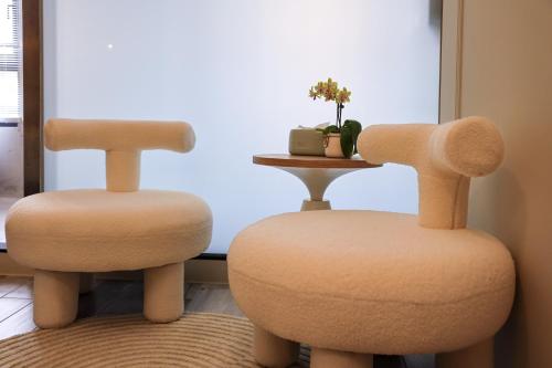 two chairs sitting next to a table with a plant at 鴝花甜點民宿 QuHua Sweety B&B in Dongshan