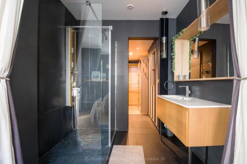 a bathroom with a sink and a shower at Le Gambrinus - Loft Rochelais in La Rochelle
