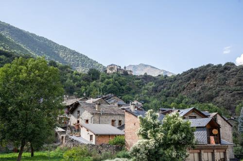a village in the mountains with mountains in the background at Hotel Cardós in Ribera de Cardós