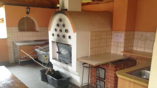 a kitchen with a pizza oven in a kitchen at Sárberki Horgásztó in Lenti
