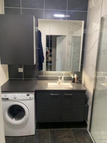 une salle de bain avec une machine à laver et un lavabo dans l'établissement Bel appartement, grande terrasse, à Boulogne-Billancourt