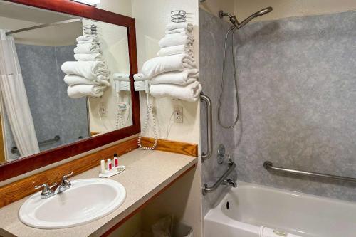 a bathroom with a sink and a mirror and a shower at Econo Lodge Edmonds North Seattle in Edmonds