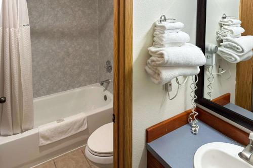a bathroom with a toilet and a tub and a sink at Econo Lodge Edmonds North Seattle in Edmonds