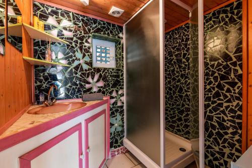 La salle de bains est pourvue d'un lavabo et d'une douche. dans l'établissement Gîte 1 à la Maison Mosaïc, à Gaillan-en-Médoc