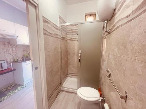 a bathroom with a toilet and a shower at M&C Apartment in Fiumicino