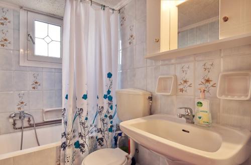 a bathroom with a sink and a toilet and a shower curtain at Villa Roxa Montuoso in Agios Leon