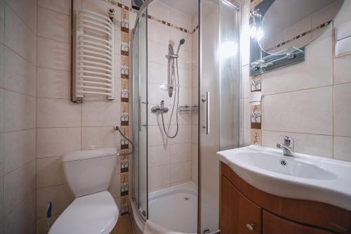 a bathroom with a toilet and a sink and a shower at Wanta in Zakopane