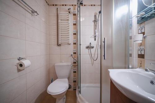 a bathroom with a toilet and a sink and a shower at Wanta in Zakopane