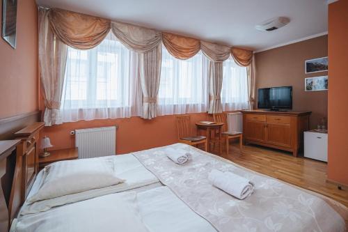 a bedroom with a large bed and a television at Wanta in Zakopane