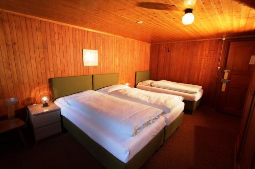 two beds in a room with wood paneled walls at Hotel-Restaurant Alpina in Innertkirchen