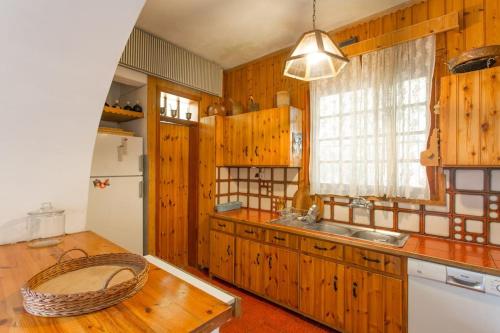 een keuken met houten kasten, een wastafel en een koelkast bij A family paradise! in Áyios Andréas