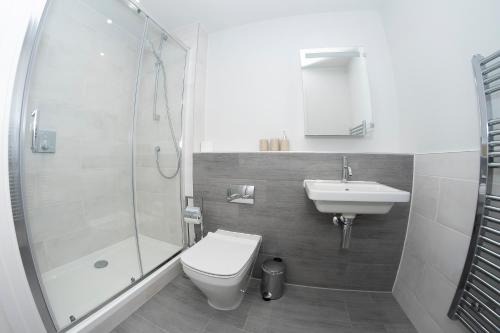 a bathroom with a toilet and a sink and a shower at 2 Middlecombe - Luxury Apartment at Byron Woolacombe, only 4 minute walk to Woolacombe Beach! in Woolacombe