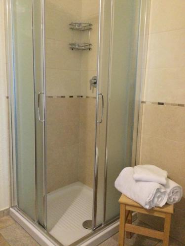 a shower with a glass door in a bathroom at B&B Les Fleurs in Gignod