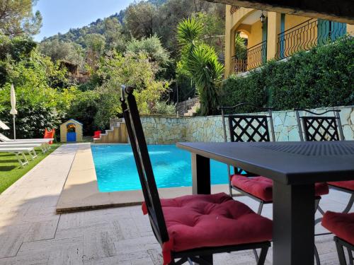 a table and chairs next to a swimming pool at COSY COTTAGE with private pool in La Turbie