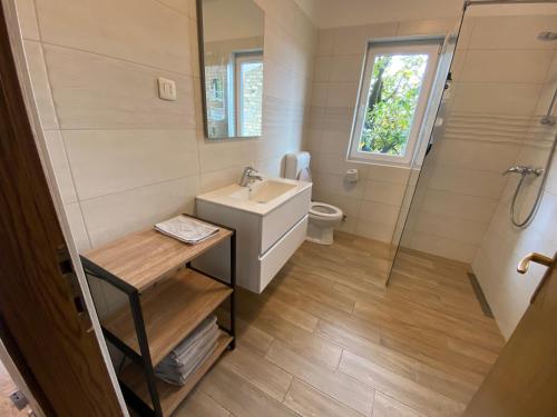 a small bathroom with a sink and a toilet at Apartma Magnolija in Nova Gorica