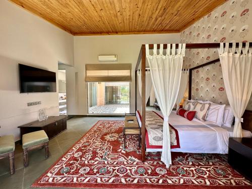 ein Schlafzimmer mit einem Himmelbett und einem großen Teppich in der Unterkunft Brij Bageecha Jaipur - Private Villas with Plunge Pools in Jaipur