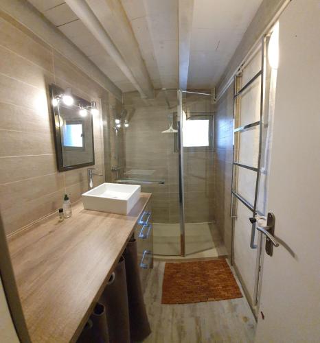 une salle de bain avec une douche avec un lavabo et une douche dans l'établissement Chalet Oustaou Campan La Mongie Col du Tourmalet, à Campan