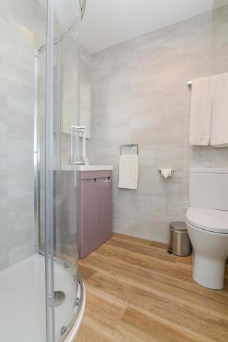 a bathroom with a shower and a toilet at Lodge at The Old Barracks in Athenry