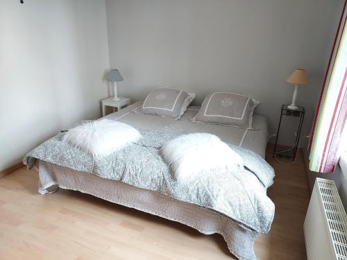 una camera con un letto con due cuscini sopra di Chambre d'hôte chez Florence a Vourles