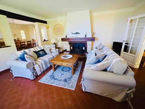sala de estar con 2 sofás y chimenea en Seaview Villa Petit Prince, Pool, air conditioning, en Sainte-Maxime