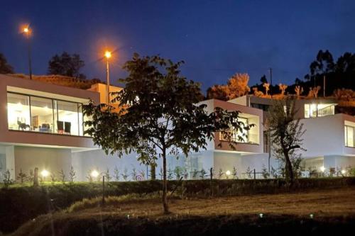 a building with a tree in front of it at night at Viana do Castelo - Amonde Village -Casa A * Relax in Amonde