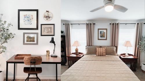 um quarto com uma cama, uma secretária e uma ventoinha de tecto em Brand New 2 Bedroom Cottage on Seneca Lake em Himrod