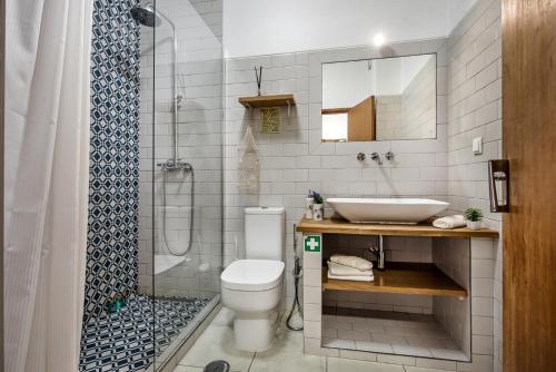 La salle de bains est pourvue de toilettes, d'un lavabo et d'une douche. dans l'établissement Sea Star Apartments - Casa Verde e Casa Azul, à Armação de Pêra