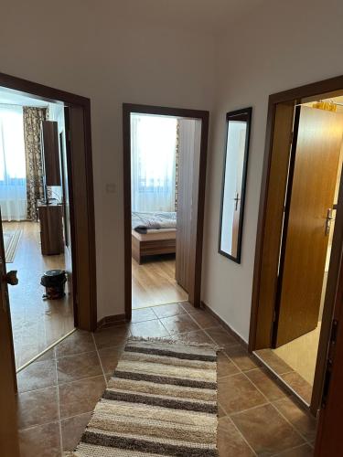 a hallway with doors and mirrors and a rug at Апартамент в затворен комплекс Рила парк-Конярски в курорта Боровец in Borovets