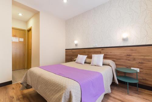 1 dormitorio con 1 cama grande con manta morada en Hostal Art Madrid en Madrid