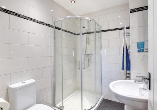 a bathroom with a shower and a toilet and a sink at Barn Owl Oxley Dairy in Hollesley