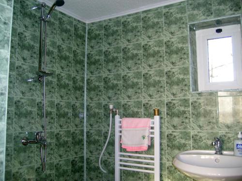uma casa de banho com azulejos verdes, um lavatório e um chuveiro em Holiday Home Life em Triavna