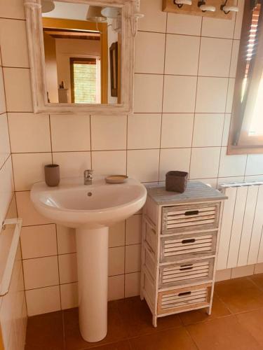 a bathroom with a sink and a mirror at Les Cases de Cal Pastor in Vilert