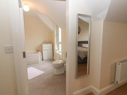 a bathroom with a toilet and a sink and a mirror at 20 Lighthouse Village in Fenit