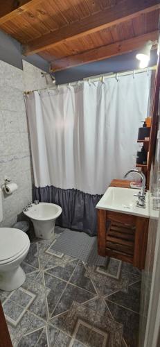 a bathroom with a shower and a toilet and a sink at Duplex de Playa in Playa Unión