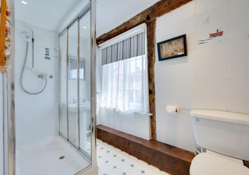 a bathroom with a shower and a toilet at Clematis Cottage in Lavenham