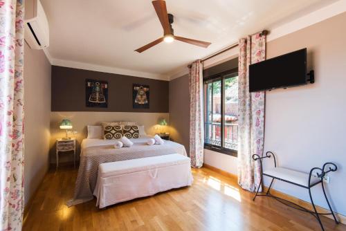 um quarto com uma cama e uma televisão de ecrã plano em VILLA ANDALUCIA ATLANTIDA, casa con piscina privada em Alhaurín de la Torre